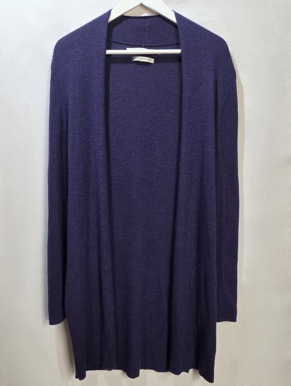 Max Studio Extra Fine Merino Wool Duster Cardigan Purple Ribbed Knit Sz Med